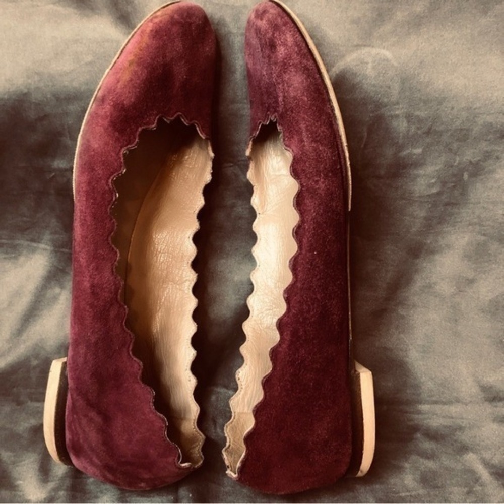 Chloe Lauren Scalloped Suede Ballet Flats Burgundy Plum Size 35.5 Made in Italy - Picture 5 of 11